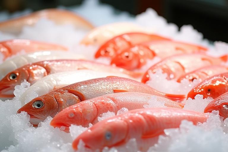 氷の上に並べられた新鮮な魚介類