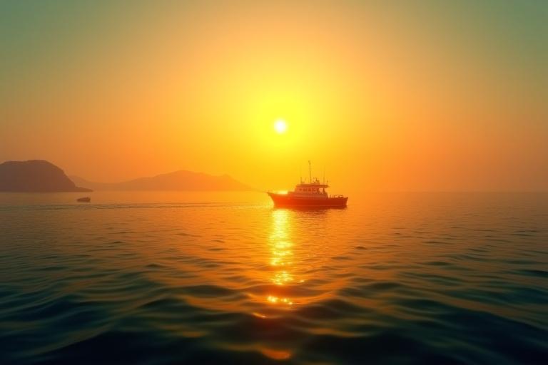 朝日を浴びる漁船と穏やかな海