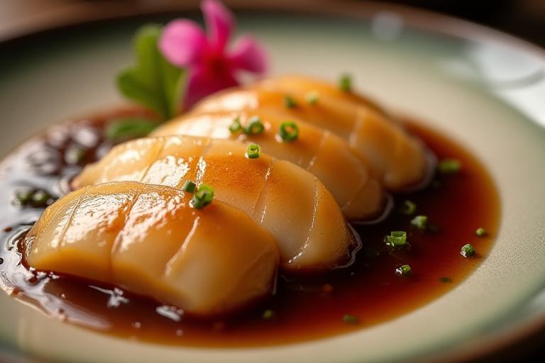 鮑の酒蒸しに濃厚な肝ソースが添えられている